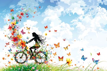 girl riding bicycle of flowers and butterflies, dream floral style, concept of summer vibes, world bicycle day wallpaper, card with copy space