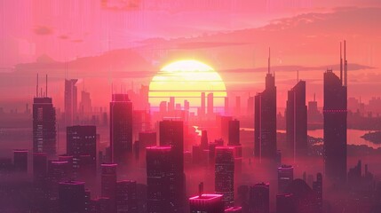 Fototapeta premium Futuristic city skyline cityscape buildings sunset wallpaper background