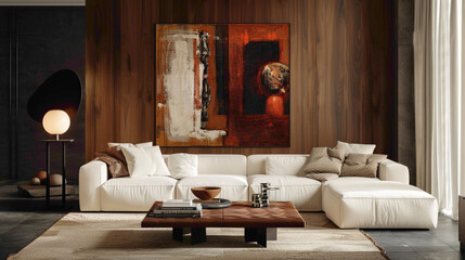 Experience the allure of a chic living room designed for relaxation and style A large mock-up poster hangs above a plush sofa, while a wooden coffee table features a fashionable ball lamp, casting 