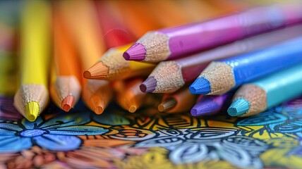 Obraz premium colored pencils next to a coloring book