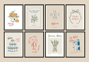 Minimal hand drawn vector dolce vita illustration with aesthetic quote in a poster frame. Matisse style illustrations.	