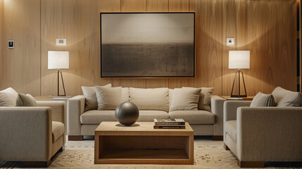 Experience the elegance of a chic living room designed for comfort A large mock-up poster hangs above a cozy seating area, while a wooden coffee table boasts a fashionable ball lamp, creating a 