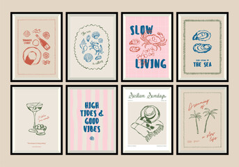 Minimal hand drawn vector dolce vita illustration set with aesthetic quote in a poster frame. Matisse style illustrations.	