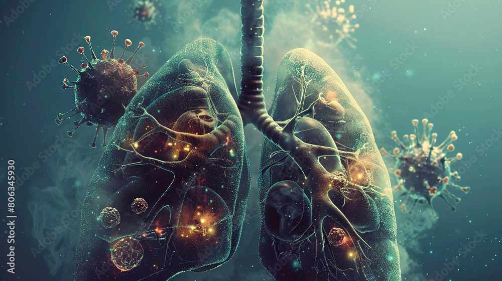 Wall mural disease-affected lungs on a blue background, lungs with oncology, lung disease concept