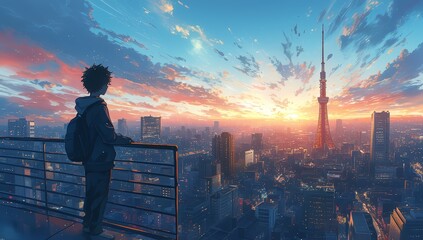 A boy standing on the balcony overlooking the city, sunset sky, anime style