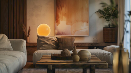 Immerse yourself in the ambiance of a sophisticated living room A large mock-up poster commands attention, complemented by a wooden coffee table adorned with a stylish ball lamp, creating a cozy 