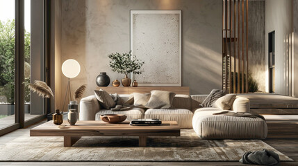Immerse yourself in the ambiance of a sophisticated living room A large mock-up poster commands attention, complemented by a wooden coffee table adorned with a stylish ball lamp, creating a cozy 