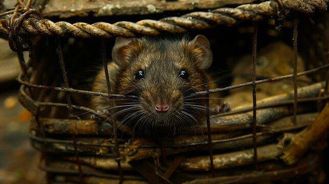 A brown rat is sitting in a cage.