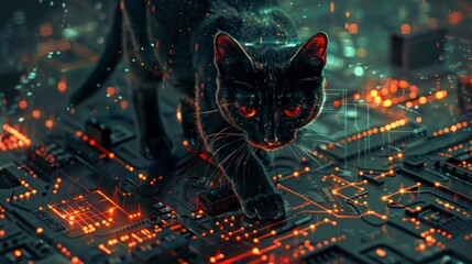 A black cat walks on the digital circuit board. Futuristic illustration.