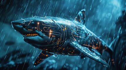 Robot shark on a futuristic background. New technology. High quality illustration. The concept of a robotic future.