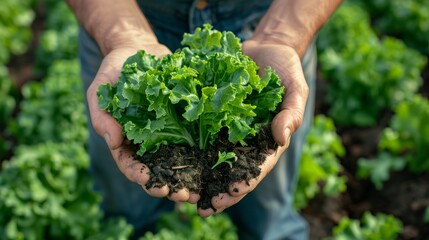 A farmer holding fresh, organic lettuce with soil in his hands. The focus is the green vegetables against an out of focus background of farmland.