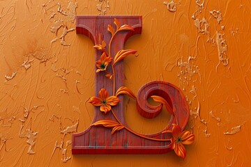 3D Render Letter L with Engraved Flowers on Orange Background