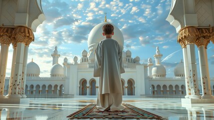 Young muslim boy stands in front of the mosque. Asian muslim or islamic boy standing and waiting to do religious activity in front of local mosque, soft and selective focus.