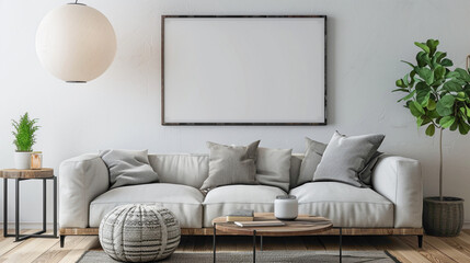 Immerse yourself in the chic ambiance of a contemporary living room A large mock-up poster hangs above a sleek sofa, while a wooden coffee table showcases a fashionable ball lamp, creating a 