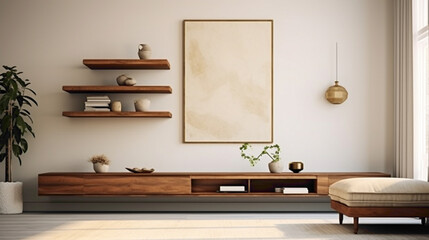 Revel in the understated luxury of a contemporary living space, featuring a wood floating shelf adorned with carefully curated objects that reflect personal style and taste