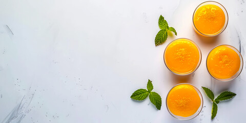 Four small cups of orange juice with mint leaves.