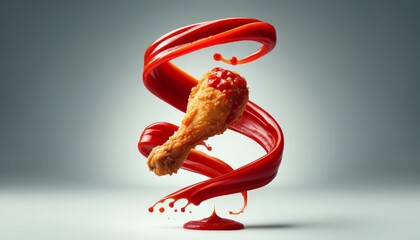 Fried Chicken Leg Suspended with Tomato Sauce Swirling Around in Ribbon-like Wave