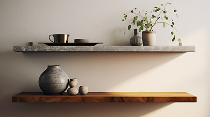 Revel in the understated luxury of a contemporary living space, featuring a wood floating shelf adorned with carefully curated objects that reflect personal style and taste