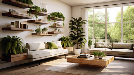 Step inside a modern sanctuary of comfort and sophistication, accentuated by a wood floating shelf adorned with tastefully curated decor pieces and lush greenery