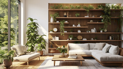 Step inside a modern sanctuary of comfort and sophistication, accentuated by a wood floating shelf adorned with tastefully curated decor pieces and lush greenery
