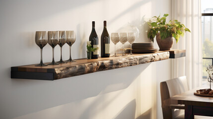 Step into a chic living space with a wood floating shelf as the centerpiece, exuding sophistication with its carefully curated display and soft ambient lighting