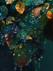 Interactive digital art piece featuring leaves that change color when touched, dripping with animated, crystalline water droplets