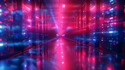 Indicating Active Processing Operations with Red and Blue Lights on Computer Servers. Concept Computer Servers, Processing Operations, Red Lights, Blue Lights, Active Indicators