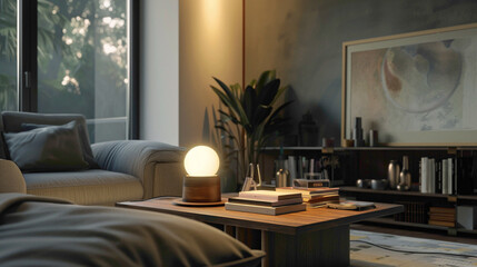 Step into a stylish living room where elegance meets comfort A large mock-up poster serves as a focal point, while a wooden coffee table hosts a fashionable ball lamp, illuminating