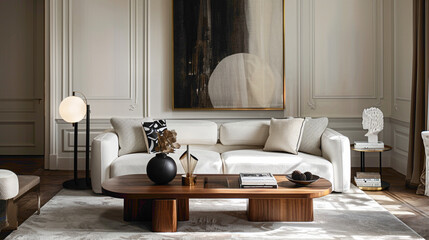 Step into a stylish living room where elegance meets comfort A large mock-up poster serves as a focal point, while a wooden coffee table hosts a fashionable ball lamp, illuminating 