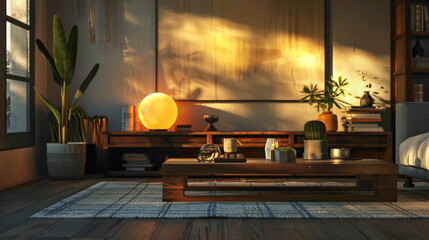Step into a modern living room adorned with tasteful decor A large mock-up poster graces one wall, while a wooden coffee table features a stylish ball lamp, casting a warm glow and adding 