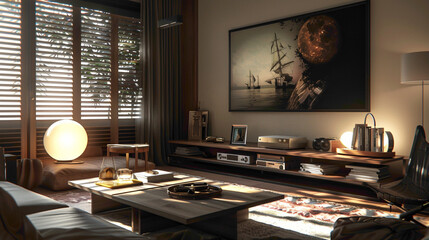 Step into a stylish living room where elegance meets comfort A large mock-up poster serves as a focal point, while a wooden coffee table hosts a fashionable ball lamp, illuminating the 