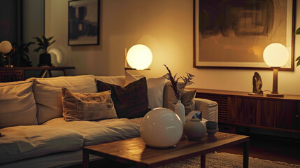 Step into a stylish living room where elegance meets comfort A large mock-up poster serves as a focal point, while a wooden coffee table hosts a fashionable ball lamp, illuminating 