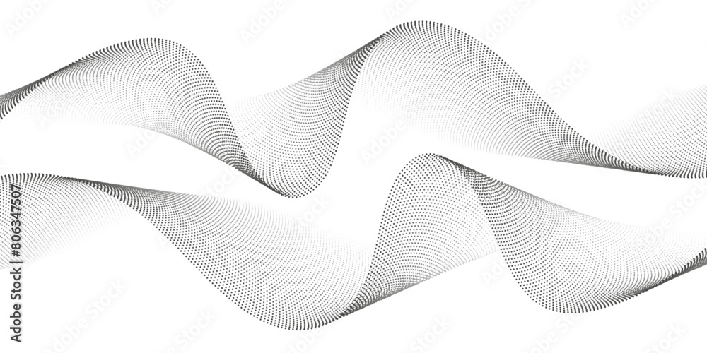 Poster Abstract flowing dots particles waves pattern halftone gradient curve shape isolated on transparent background. Big data visualization. Vector illustration.