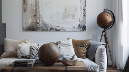 Step into a tastefully decorated living room boasting contemporary charm A large mock-up poster adds visual interest, while a wooden coffee table with a fashionable ball lamp lends 