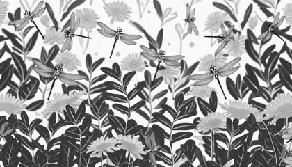 black and white seamless background decorative flowering herbs and dragonflies
