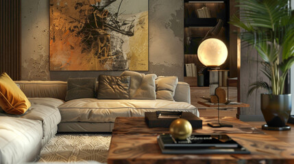 Step into a tastefully decorated living room boasting contemporary charm A large mock-up poster adds visual interest, while a wooden coffee table with a fashionable ball lamp lends 