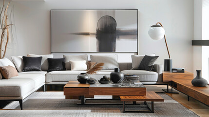 Step into a tastefully decorated living room boasting contemporary charm A large mock-up poster adds visual interest, while a wooden coffee table with a fashionable ball lamp lends 