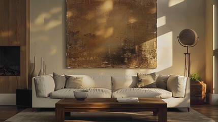 Step into a tastefully decorated living room boasting contemporary charm A large mock-up poster adds visual interest, while a wooden coffee table with a fashionable ball lamp lends of sophistication 