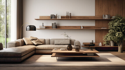 Step into a world of contemporary sophistication, where a wood floating shelf seamlessly integrates into the design of a chic living room, elevating the ambiance with its refined presence