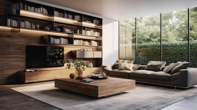Step into a world of contemporary sophistication, where a wood floating shelf seamlessly integrates into the design of a chic living room, elevating the ambiance with its refined presence