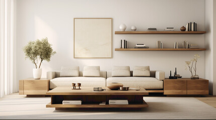 The inviting ambiance of a contemporary living space, highlighted by a wood floating shelf showcasing curated items agnst a backdrop of neutral tones