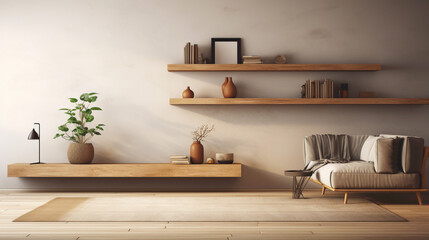 The inviting ambiance of a contemporary living space, highlighted by a wood floating shelf showcasing curated items agnst a backdrop of neutral tones