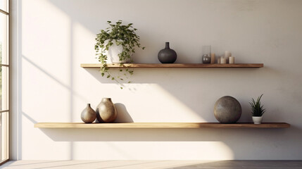 Transport yourself to a tranquil oasis of contemporary design, complete with a wood floating shelf showcasing artful arrangements agnst a backdrop of soothing hues