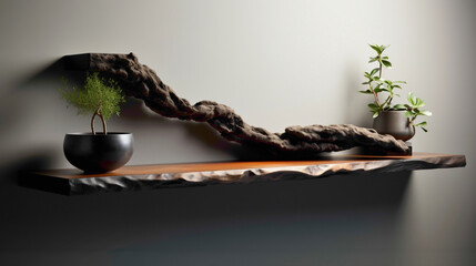 Transport yourself to a realm of modern elegance, where a wood floating shelf serves as a stylish yet functional centerpiece in a meticulously designed living room