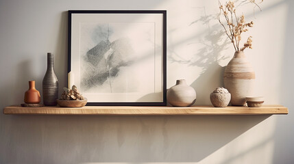 Transport yourself to a tranquil oasis of contemporary design, complete with a wood floating shelf showcasing artful arrangements agnst a backdrop of soothing hues
