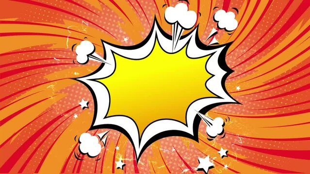 Orange anime background in pop art and  funny cartoon comic style. Different text boxes explosion burst.  Energetic sign rotating with blades. Halfton effect with custom text space. Easy to use. 4K 
