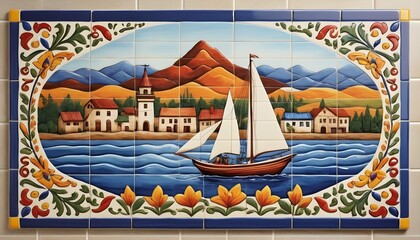 Fototapeta na wymiar Folk Art Inspired Ceramic Tile Mural Intricate Pa 2