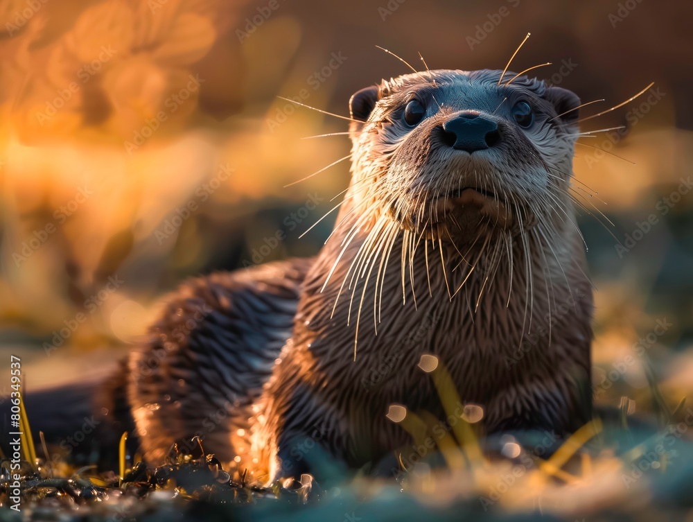 Wall mural an otter is sitting in the grass and looking straight ahead