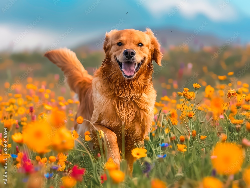 Sticker AI generated illustration of Golden retriever running in a field of wildflowers