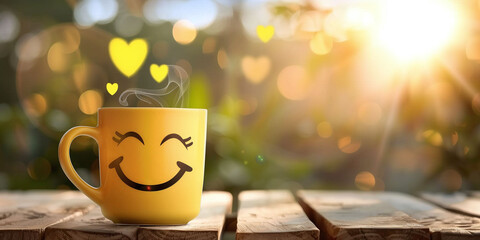 Smiling Yellow Mug with Heart-shaped Steam in Morning Light